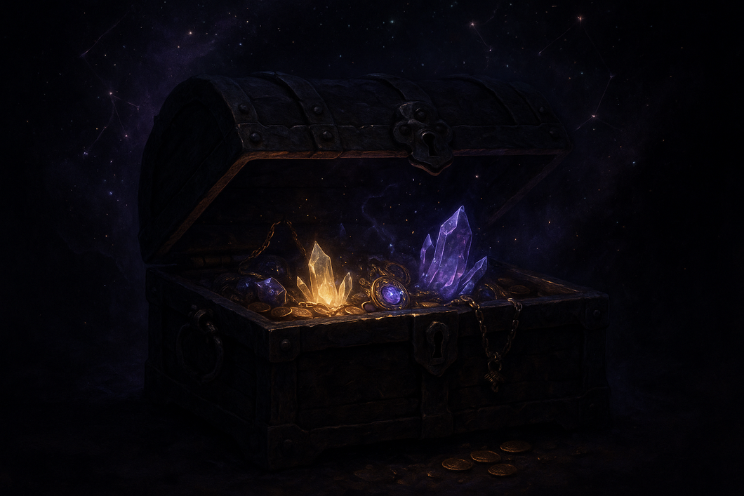 A treasure chest with a shadow like mysterious look thats half way open with interesting items with a constellation like background